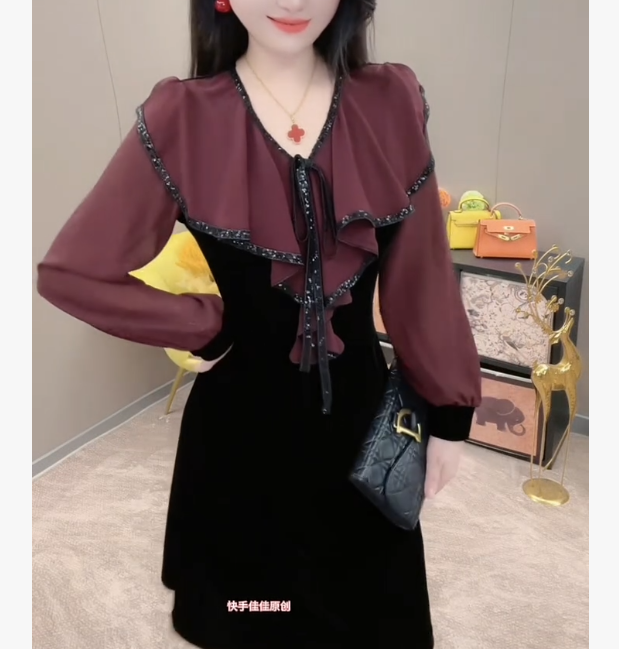 2025秋冬打底显瘦V领连衣裙荷叶边拼接网红洋气FJ121404