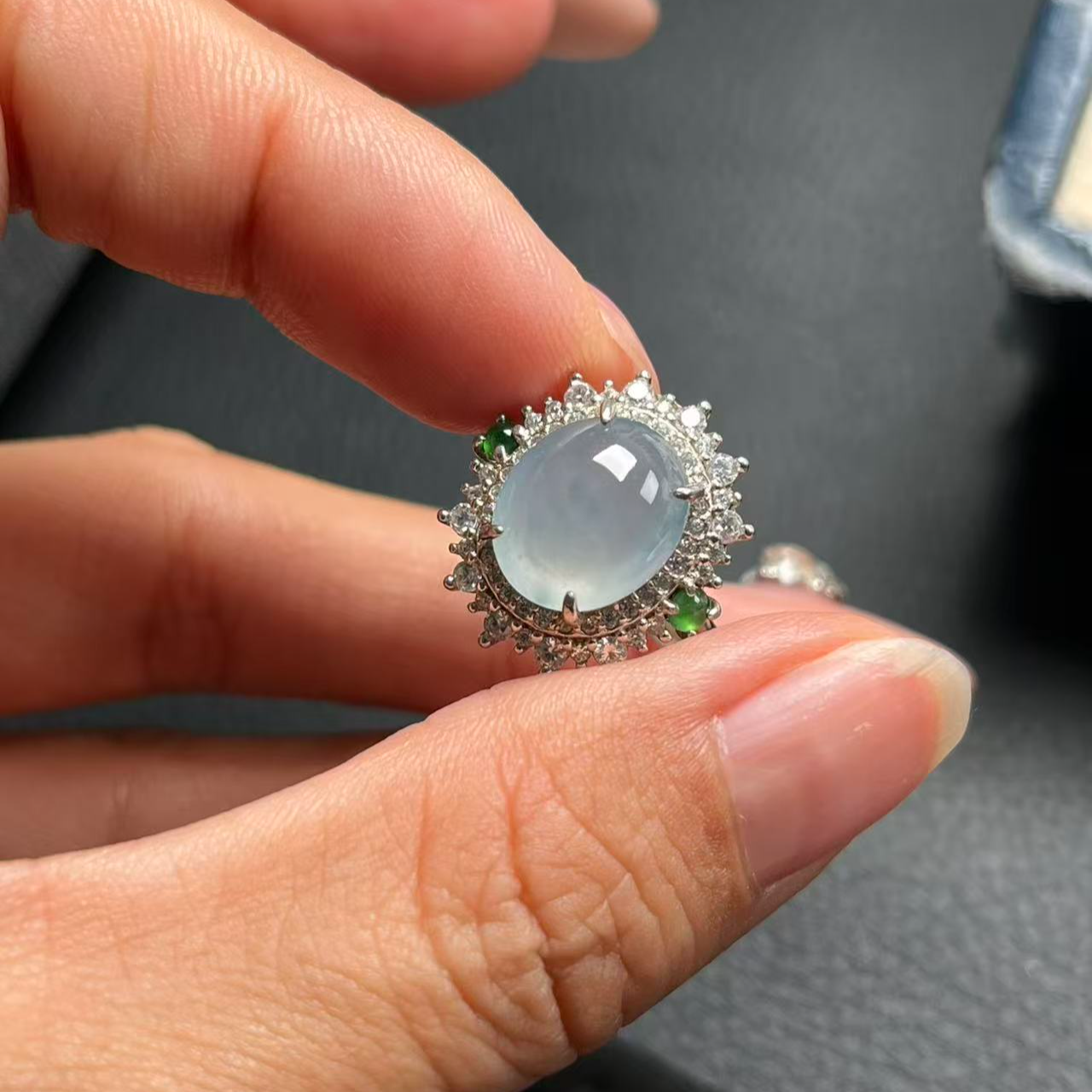 925银镶嵌 缅甸天然翡翠A货 冰蓝紫 戒指 尺寸11.1。9.3。5