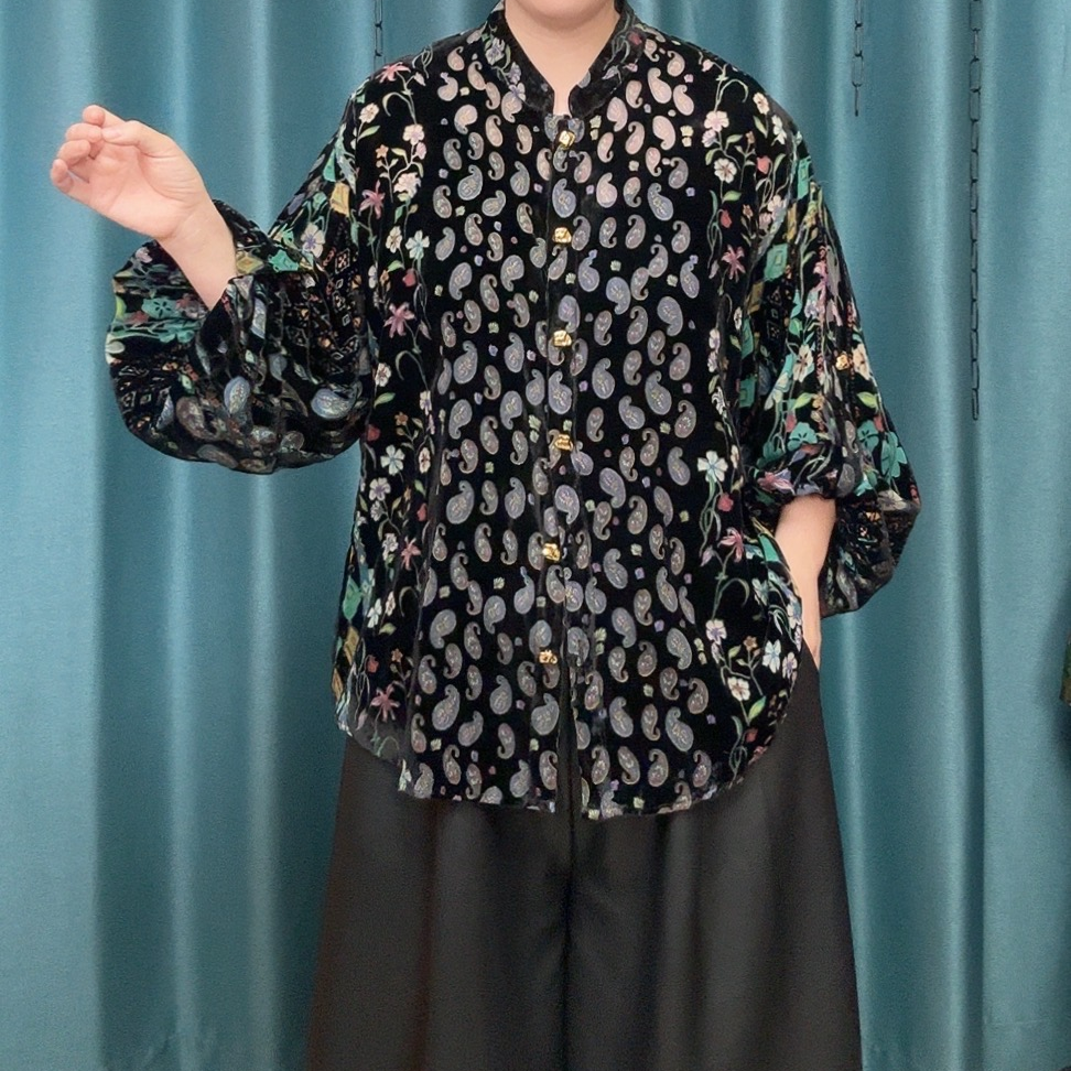 2026春款复古中式丝绒烧花衬衫