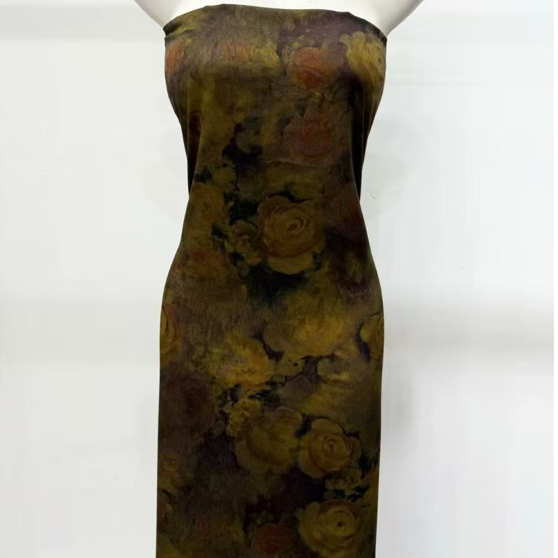 小石】65支染底贡缎云锦段棉绸布料油画玫瑰（不支持7天无理由退换）