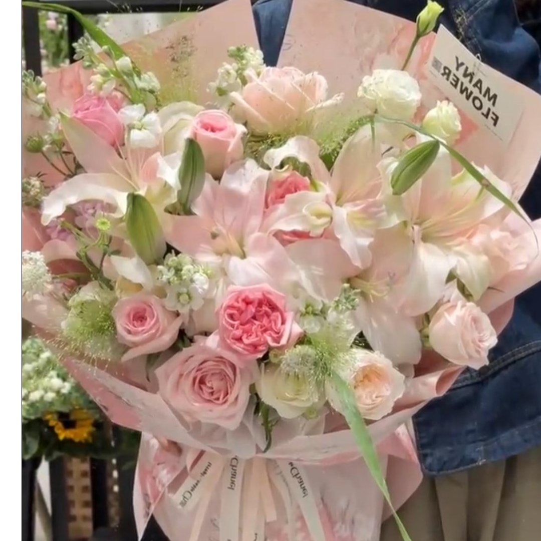 百合粉玫瑰混搭花束