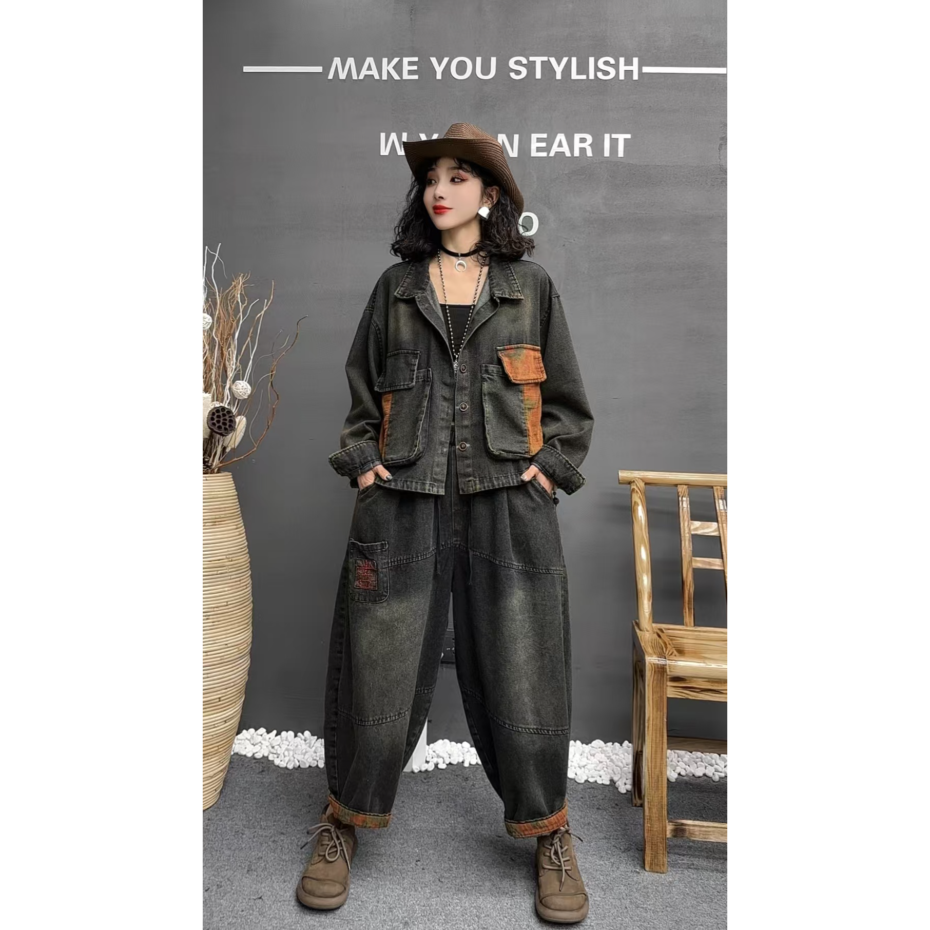2025春季新款女装复古贴布牛仔套装休闲时尚洋气减龄大码女装