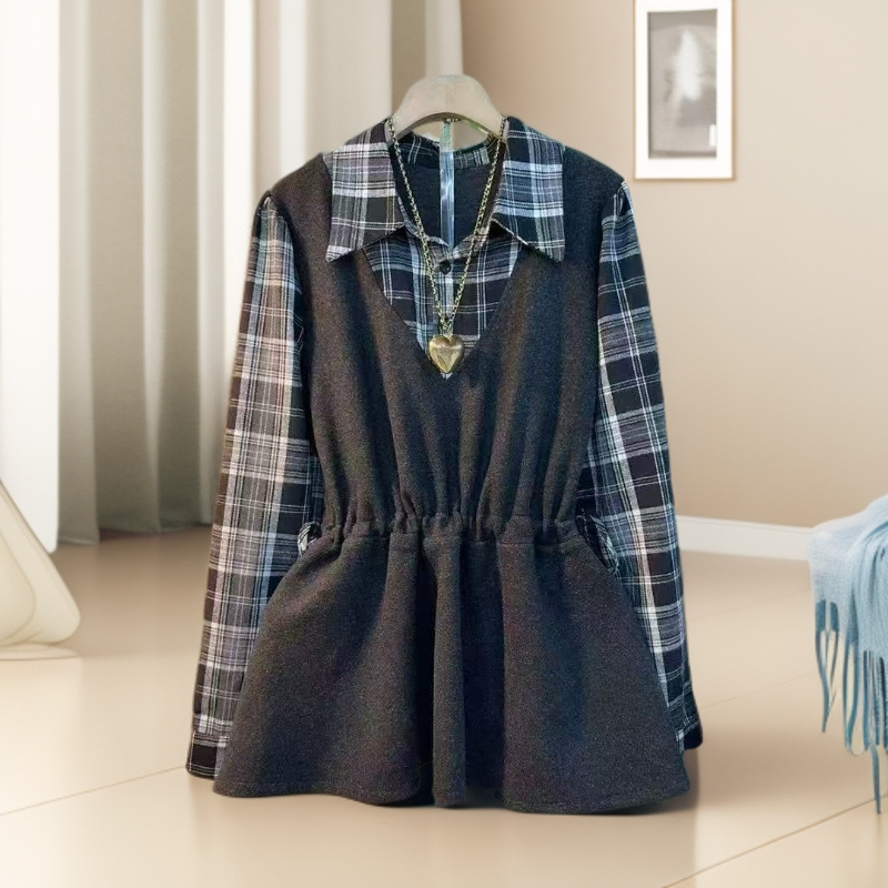 冬季加厚磨毛绒大码女装气质收腰显瘦格子假两件衬衫