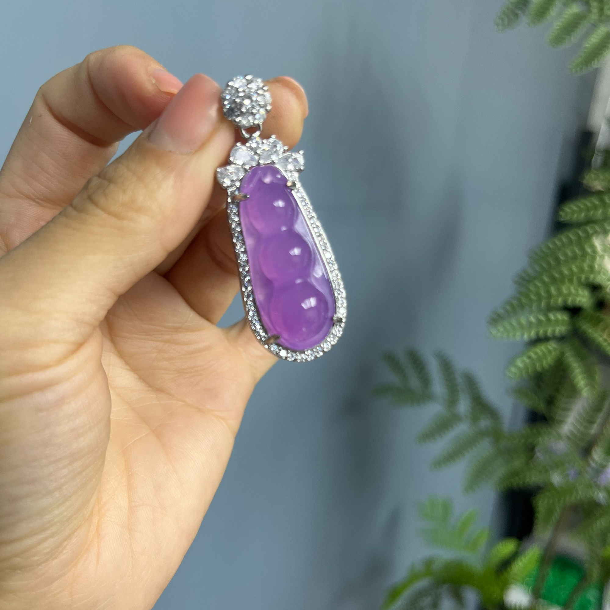 翡翠紫翡s925太阳花四季豆吊坠