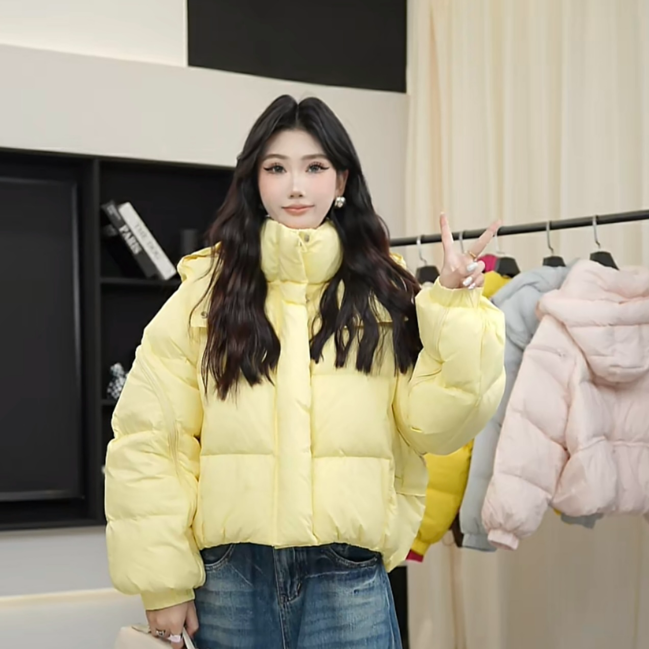 韩版短款羽绒服女休闲拉链袖立领加厚冬季宽松外套时尚百搭