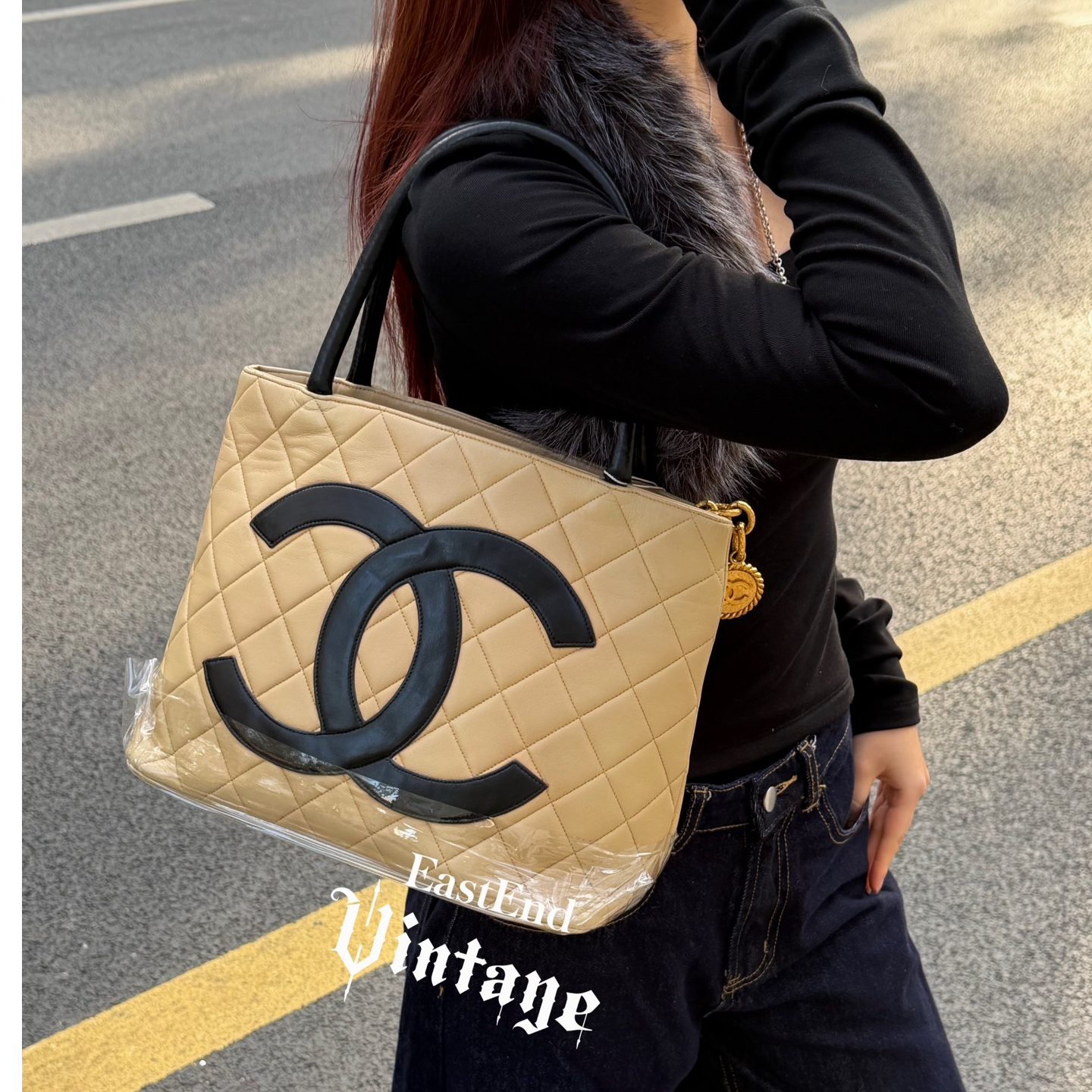 95新 Chanel/香奈儿 東区-米色羊皮拼色希尔顿单肩包/26304