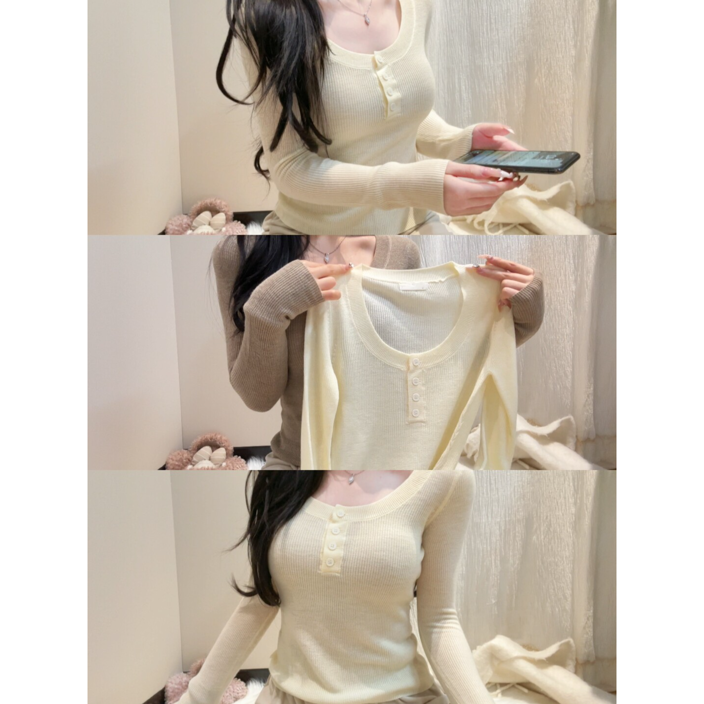 纯欲大U领垂垂感修身半开亨利衫针织女秋季薄款显瘦内搭长袖上衣