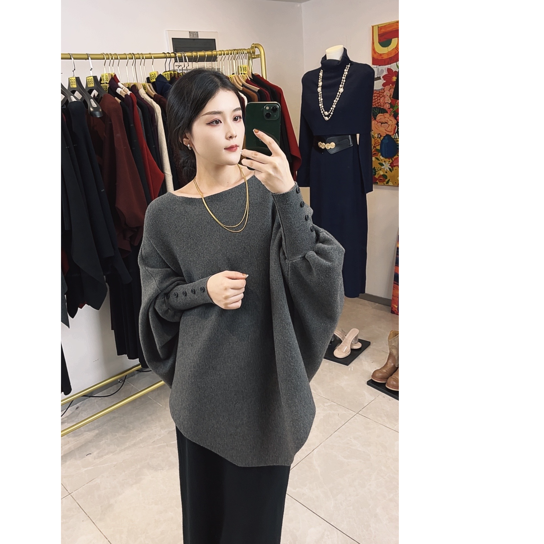 G.M秋季蝙蝠袖斗篷气质显瘦针织套装#22390