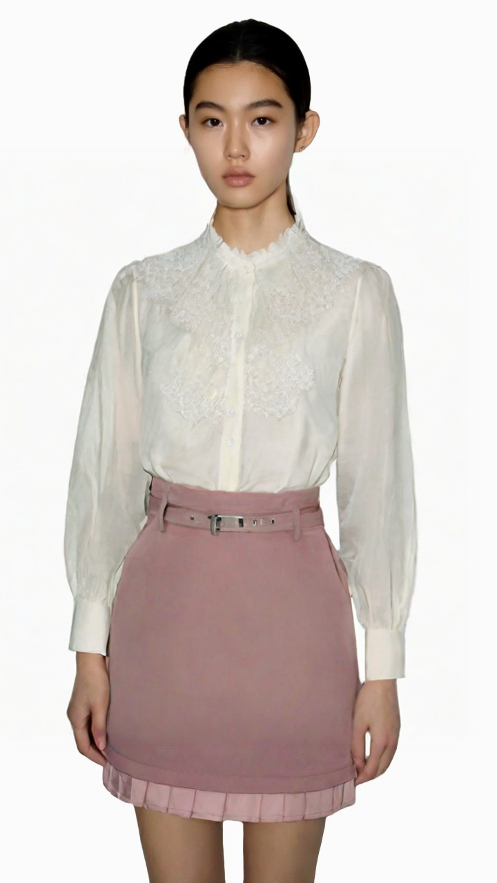 95新 GUCCI/古驰 米白色蕾丝花领衬衫/ll70