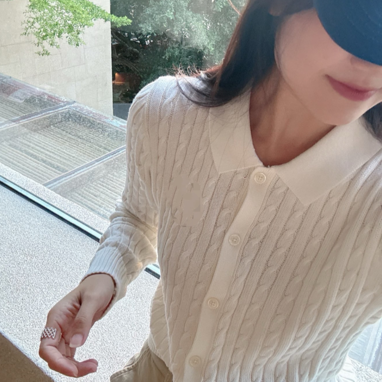韩版气质绞花翻领针织开衫女春秋款老钱风纯色polo领毛衫