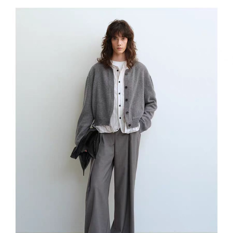 YOEYYOU两件式无领外套2025早春新款灰色羊毛短款针织开衫上衣女