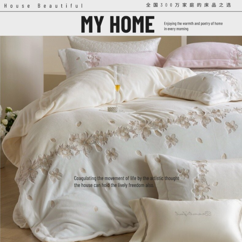 HouseBeautiful「花沐雨」轻奢防静电加厚保暖牛奶绒透气四件套冬季