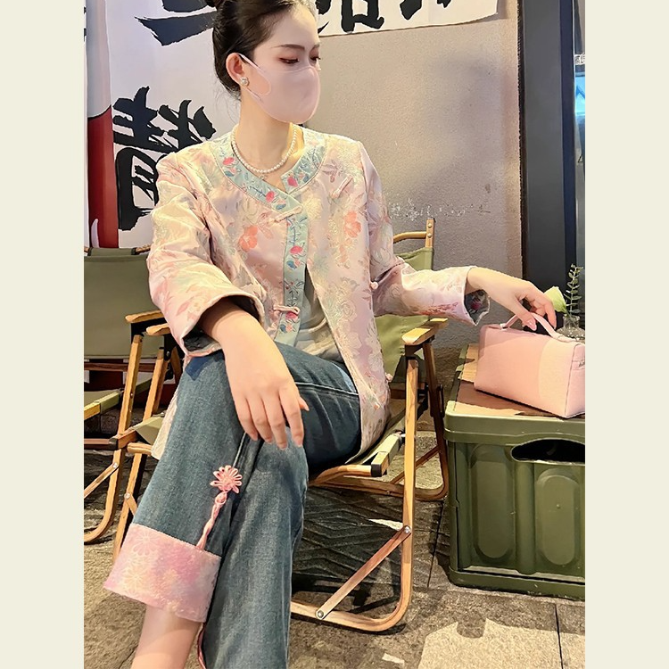 13704秋装中国风今年流行漂亮两件套装气质盘扣外套牛仔裤套装