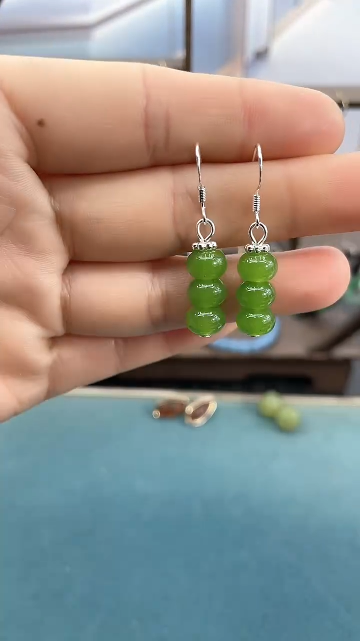 银S925镶嵌和田玉耳饰8mm*绿竹节耳钩*绿