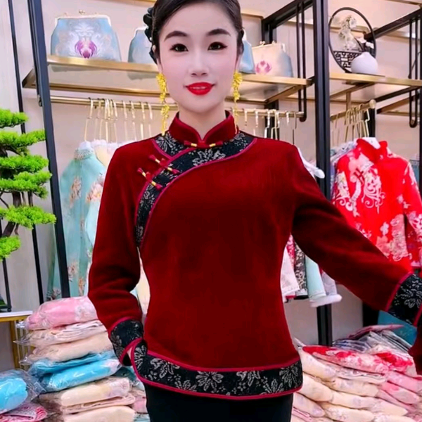 （BB26）旗袍上衣女秋冬新款长袖宽绣花花边显瘦复古中国风