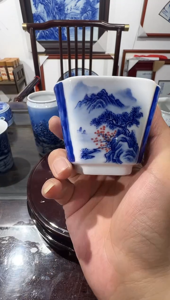 【闪购商品】036小王严选青花两面山水画片四方杯