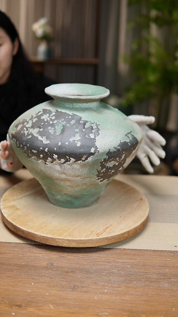 【闪购商品】陶瓷  花器诧寂复古绿大飞碟