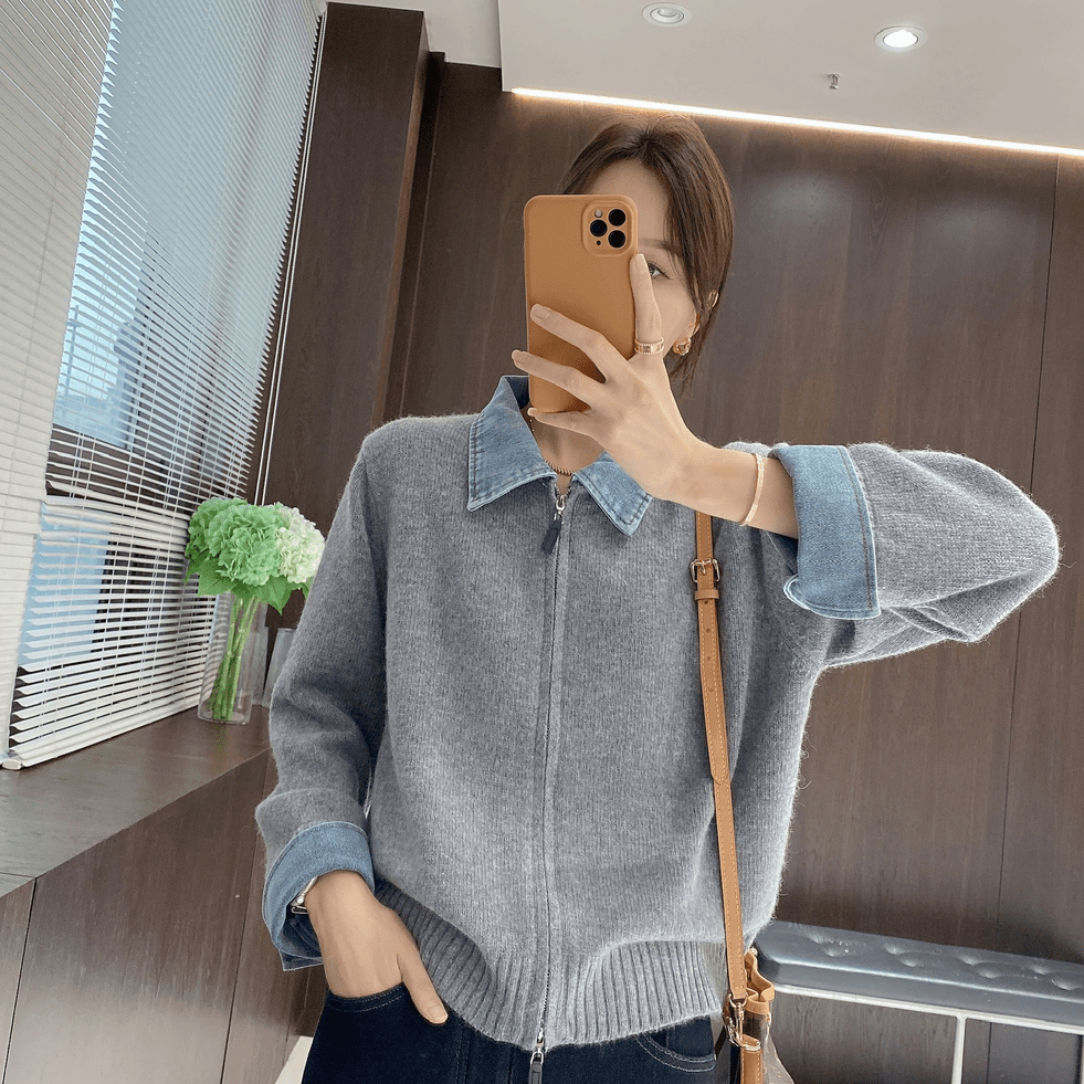 G729#大码~秋冬衬衫领牛仔拼接毛衣新款减龄双拉链开衫针织衫女潮