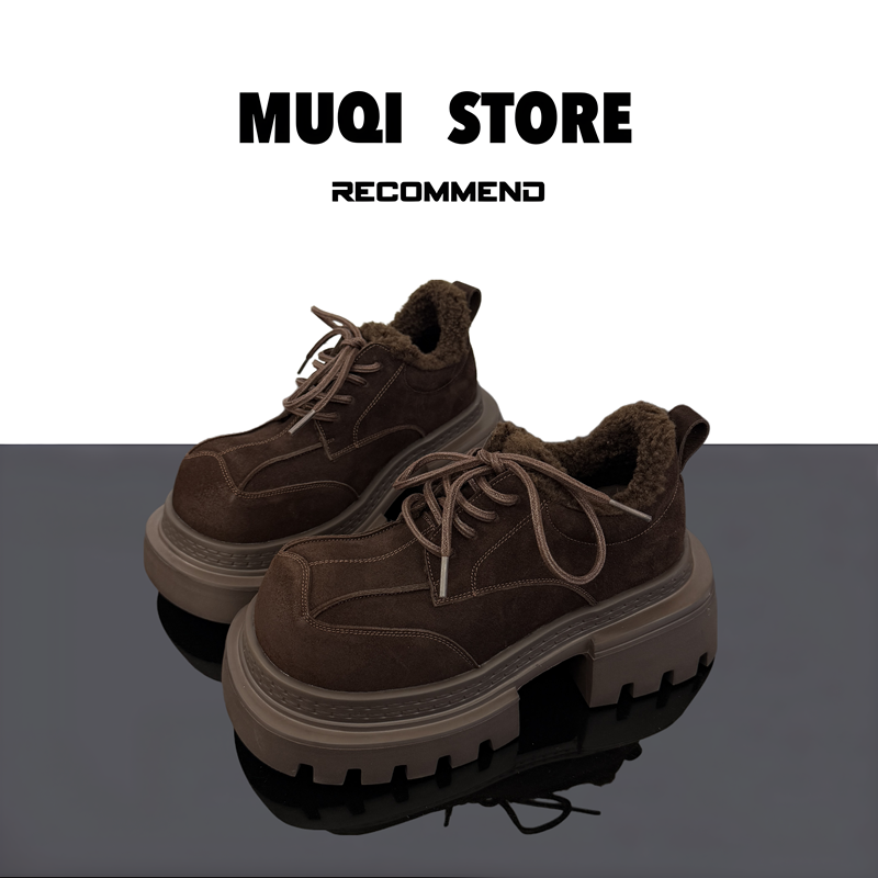 MUQI欧货真皮冬季休闲高跟厚底粗跟小皮鞋系带加绒加厚保暖乐福鞋
