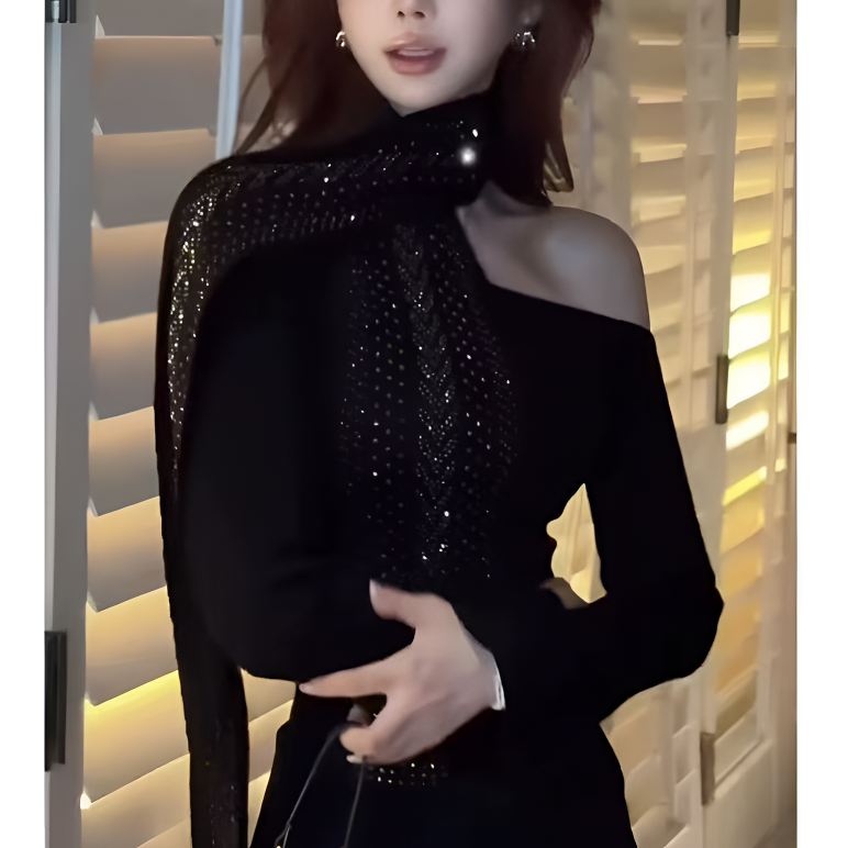 波浪纹烫钻高领针织衫女百搭名媛洋气毛针织衫轻奢7562