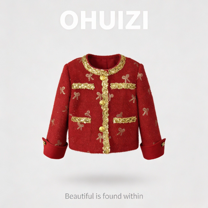 OHUIZ【礼遇】设计师童装小香风外套绒感加棉红色年服上衣