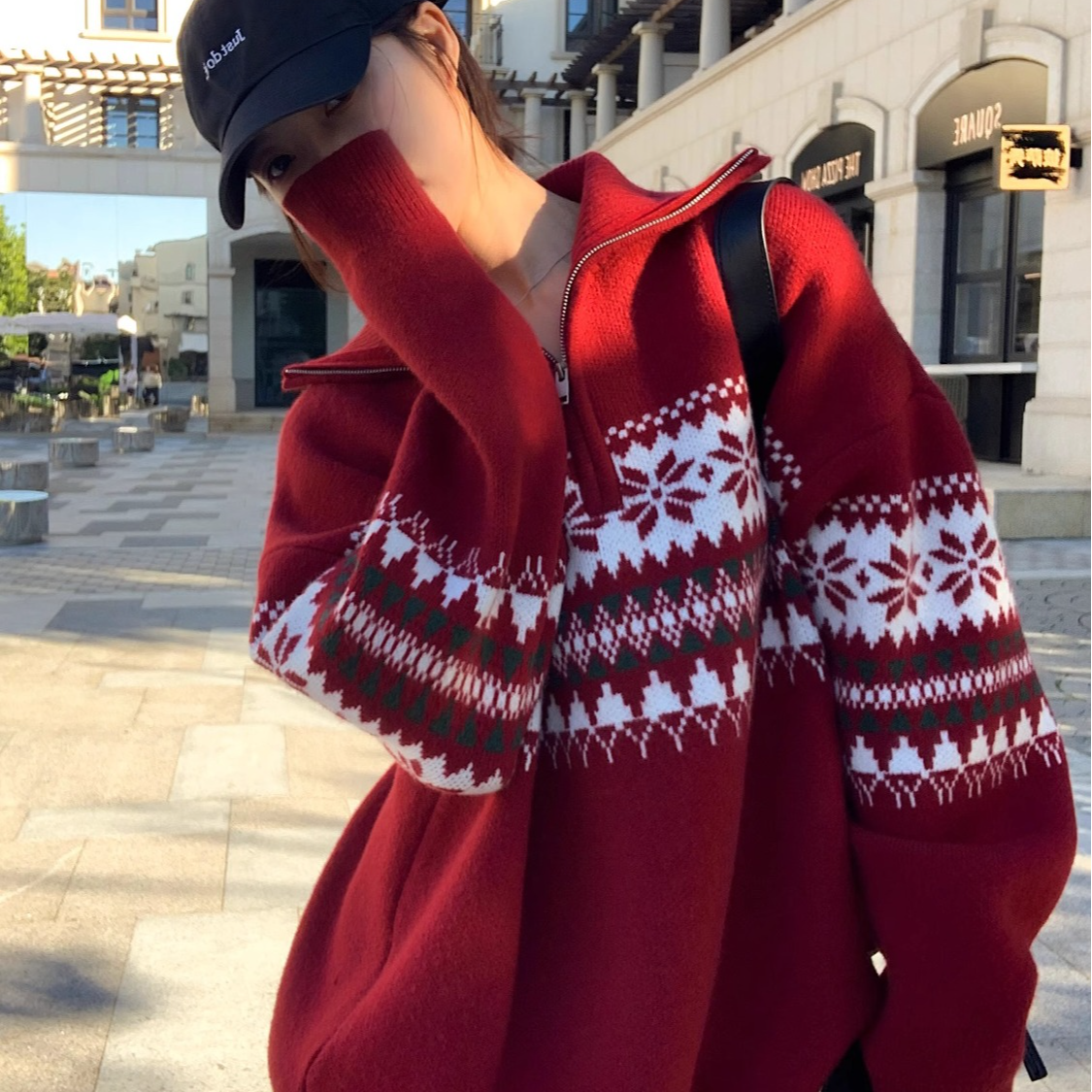 WONST复古半拉链高领毛衣男女费尔岛慵懒套头针织上衣红色百搭