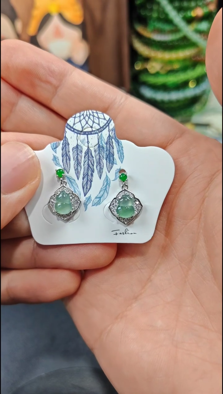 银S925镶嵌翡翠耳饰翡翠耳饰S925银镶嵌