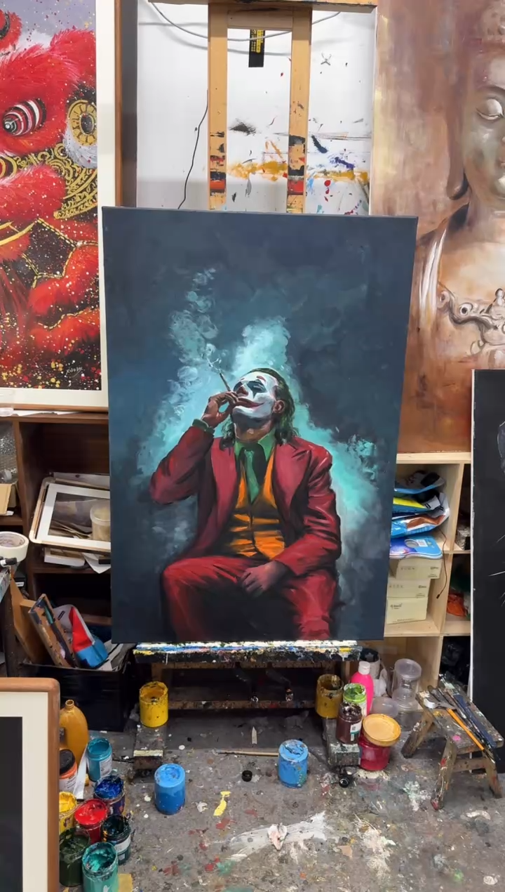 丙烯画蝈*儿科老师小丑加框