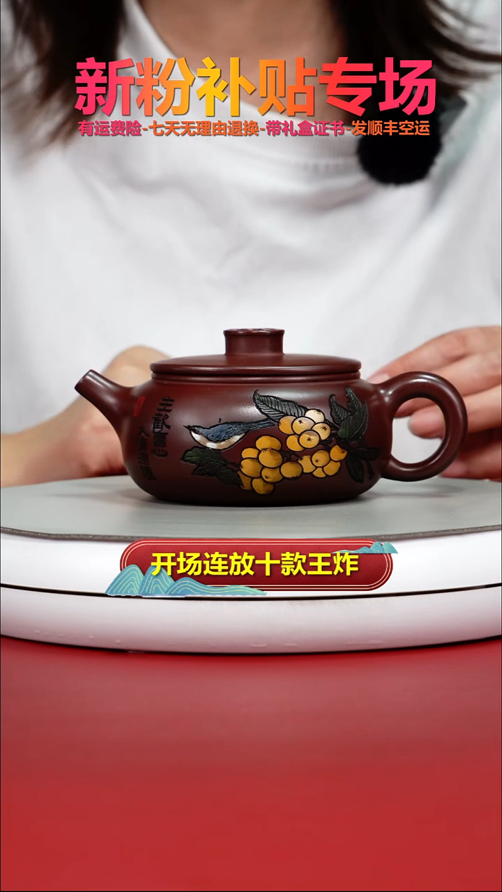 茶壶紫砂李传荣龙血砂彩绘扁韵280cc