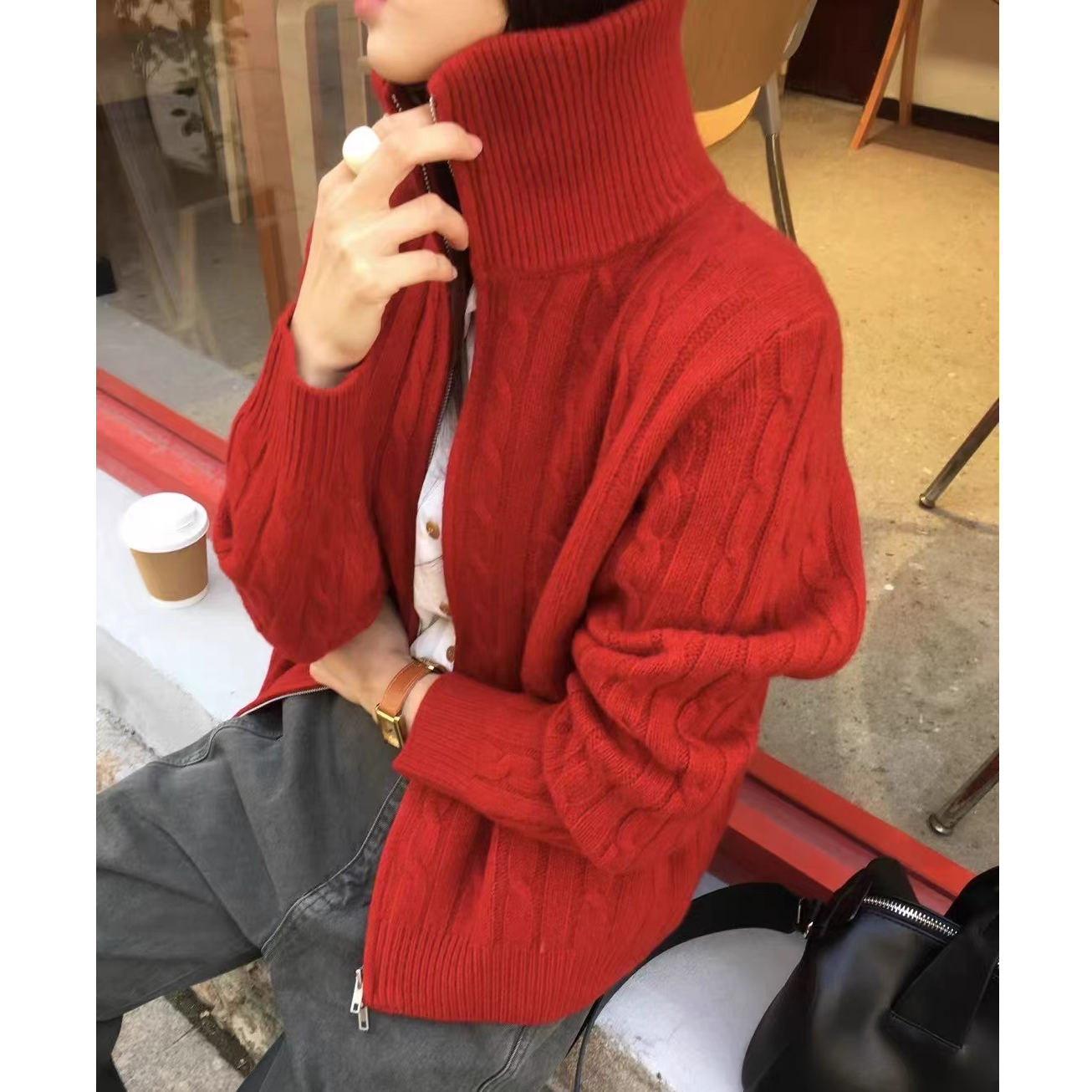 【实体店品质】韩系复古慵懒 双拉链设计甜美百搭针织开衫 HI 2187