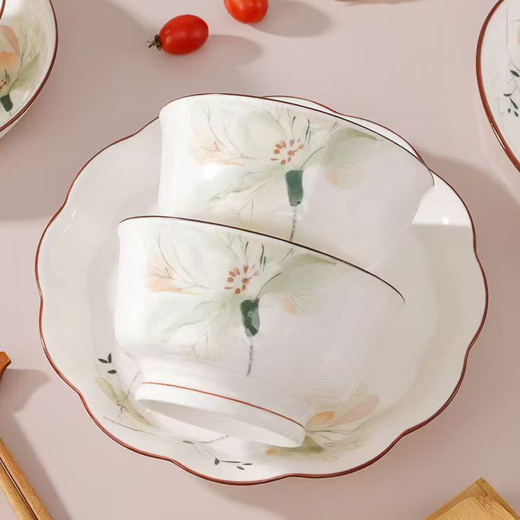 釉中彩骨瓷高脚碗防烫米饭碗 饭盘