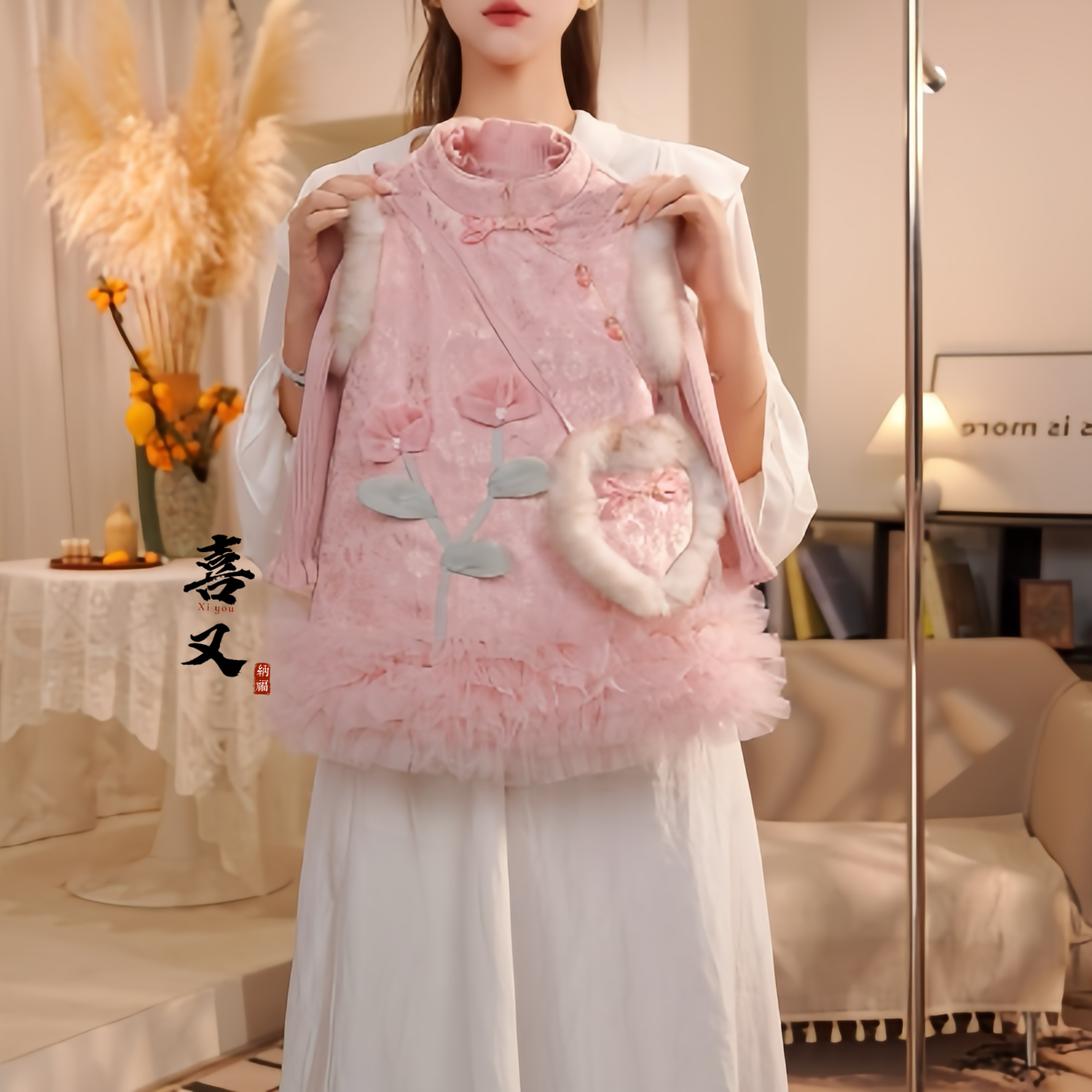 粉黛 25冬季新款女童新中式图纹加绒连衣裙国风背心裙拜年服25965