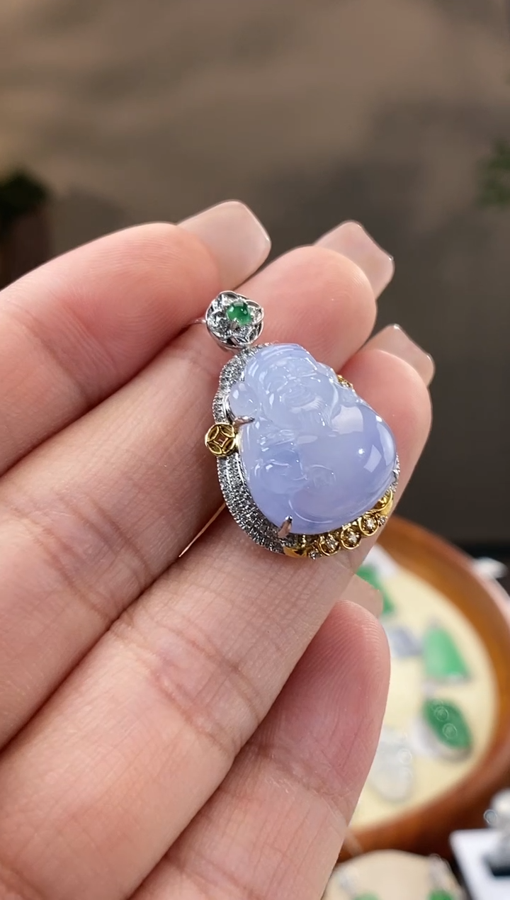 翡翠18K金镶嵌吊坠(不含链)财神