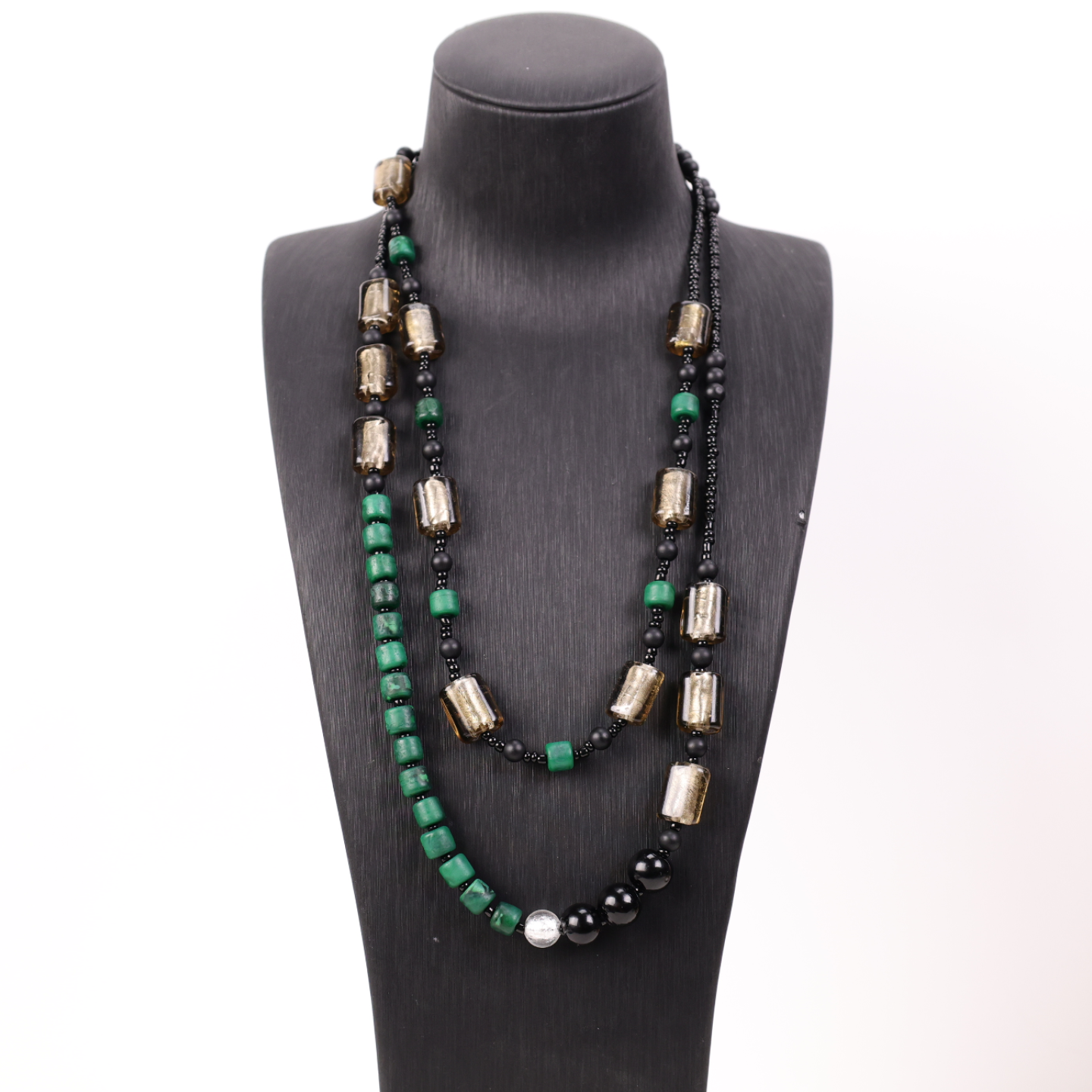 合金项链 合金项链 LZ1010 咖色银箔扁珠绿色磨砂双层长琉璃项链