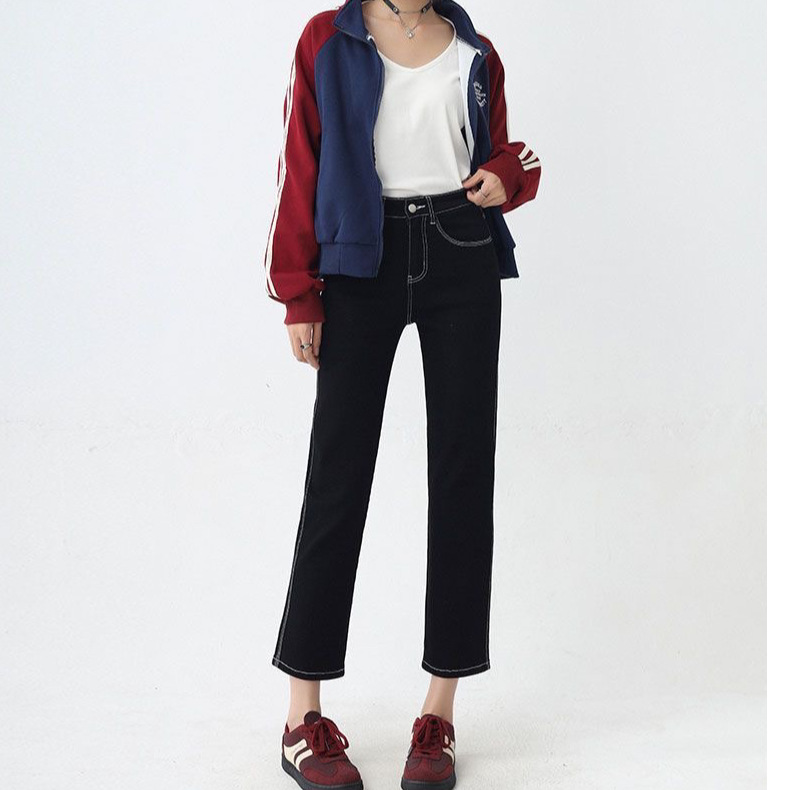 丹尼黑不掉色牛仔150cm155小个子八分九分弹力直筒裤女春夏烟管裤