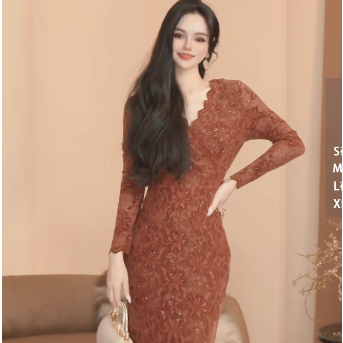 【朵朵】红玫微醺 复古红色法式气质御姐长袖连衣裙-MS10006