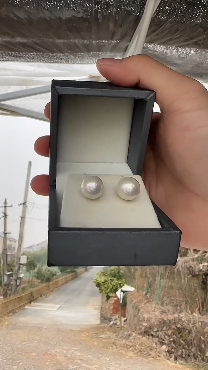 银S925镶嵌耳饰淡水珍珠12-13m  正圆 天然淡水珍珠