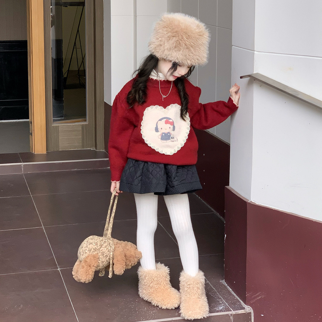 新年红色战袍套装女童爱心毛衣黑色夹棉裙两件套儿童洋气毛线套装