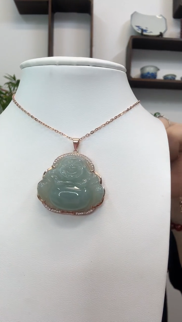 吊坠(赠链)银S925镶嵌翡翠佛公玫瑰边