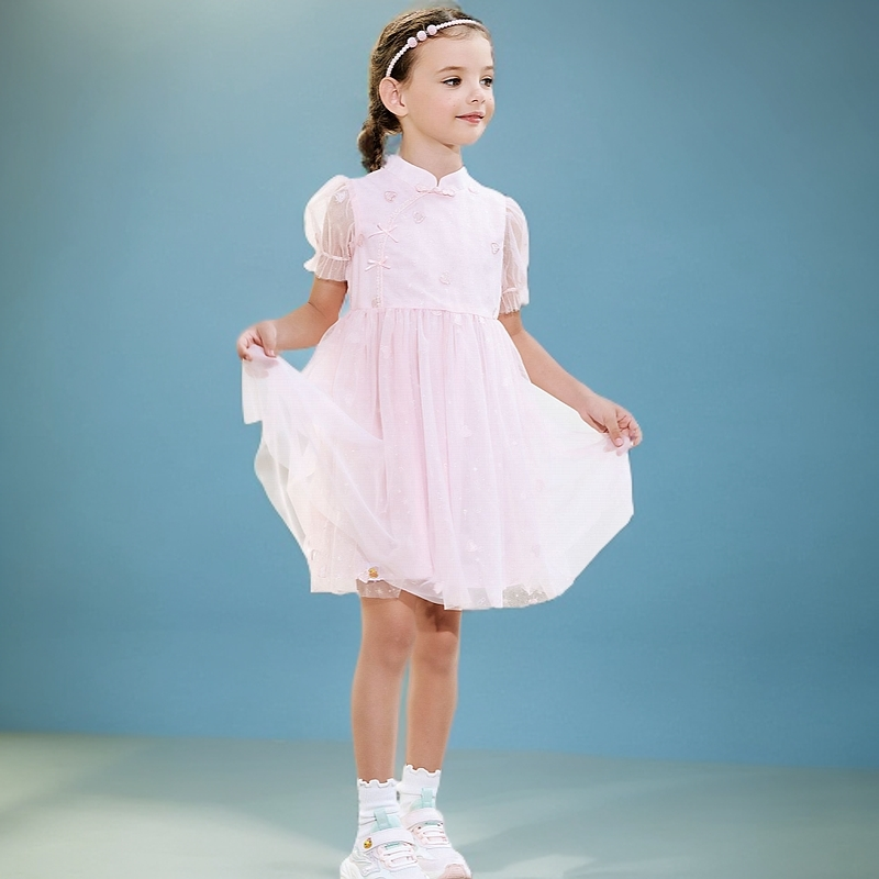 2024年春季女民族中国风汉服演出服中大童复古纱裙刺绣女童