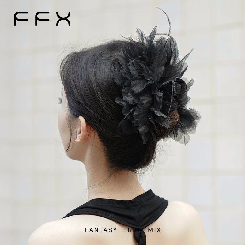 FFX【夏花】黑色羽毛抓夹气质时尚国潮发夹网红爆款仙气头饰商品图