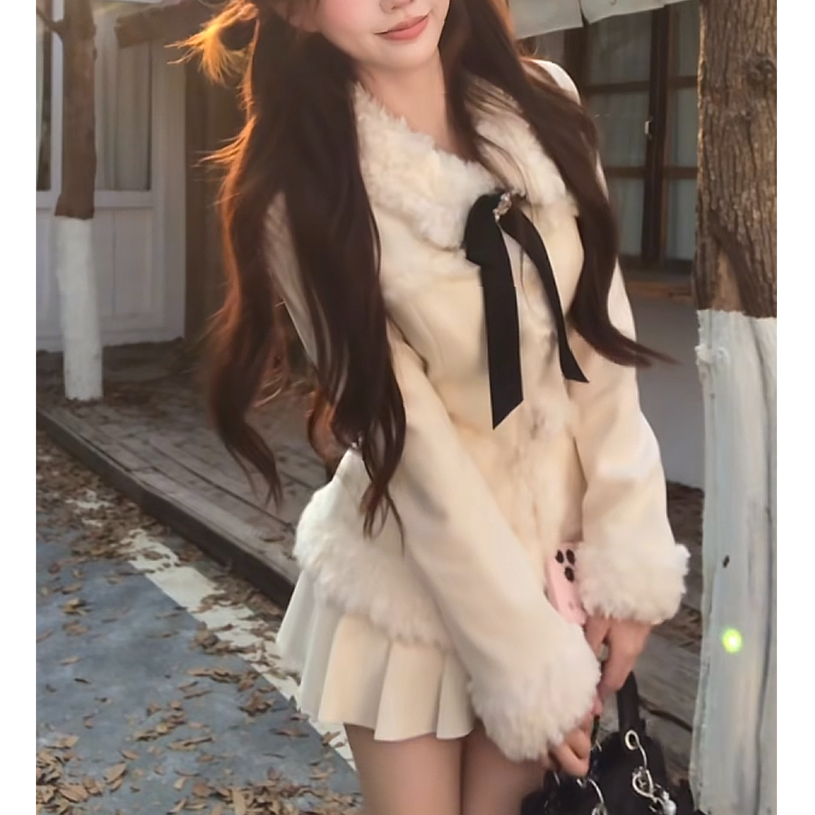 溪溪靓衫 雪国情书 冬季甜美显瘦修身长袖外套半裙套装