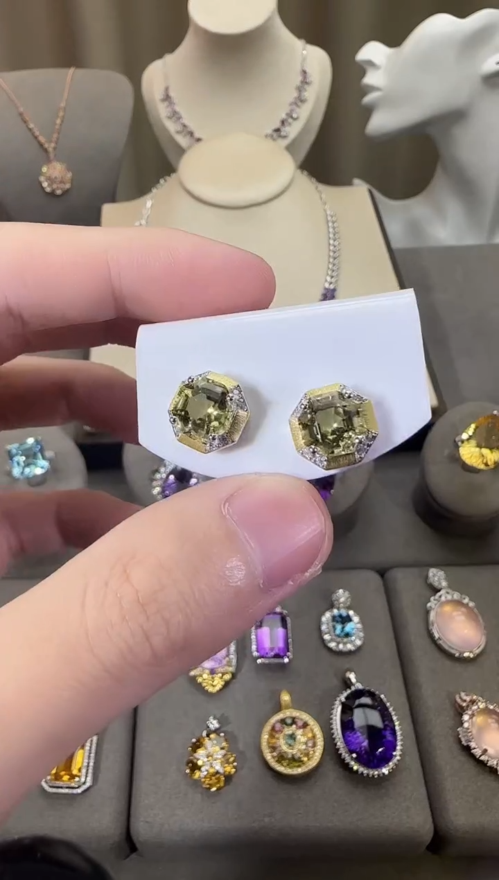 银S925镶嵌耳饰水晶10mm耳钉柠檬晶