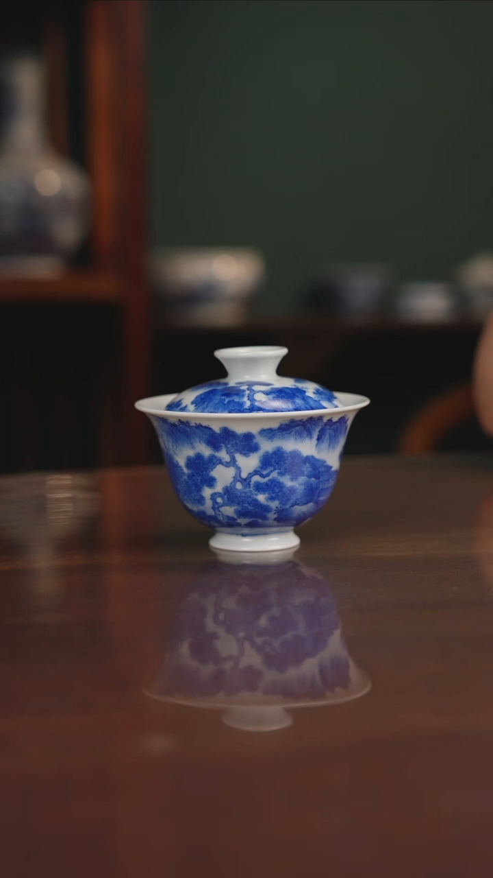 晓月柴窑 山水盖碗