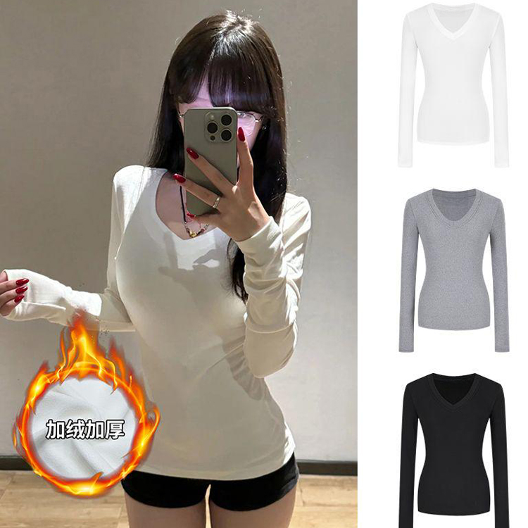 【现货24H+运补3-5】保暖正肩V领薄绒长袖打底衫T恤女秋冬显瘦上衣