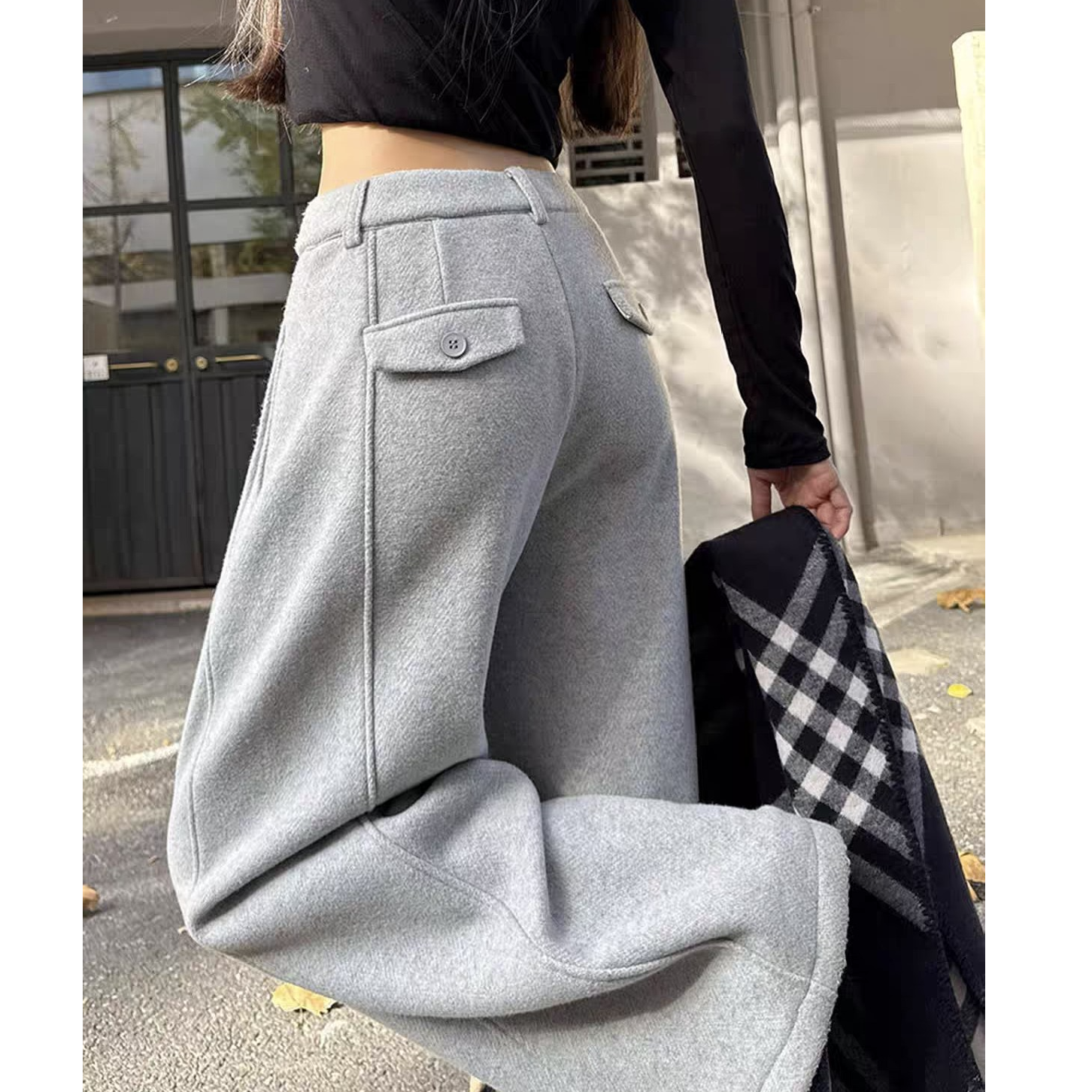 灰色加绒加厚西装阔腿裤女秋冬款季糯米羊毛裤高腰垂感休闲直筒裤