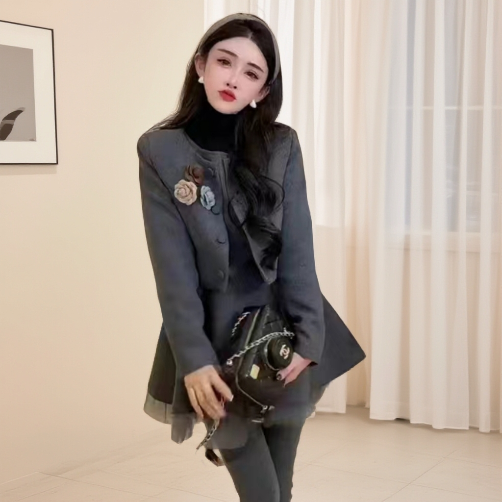 2025秋季新款套装小香山茶花毛呢外套8852*双层半裙9852*