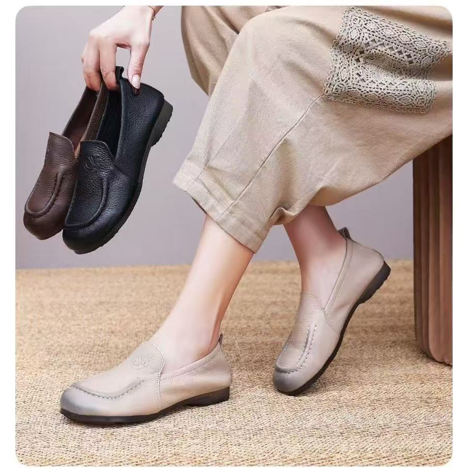 头层牛皮荔枝纹牛筋底软底软面舒适透气女单鞋