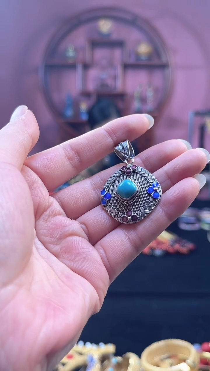 非遗 花丝镶嵌编织吊坠 菱形蓝绿