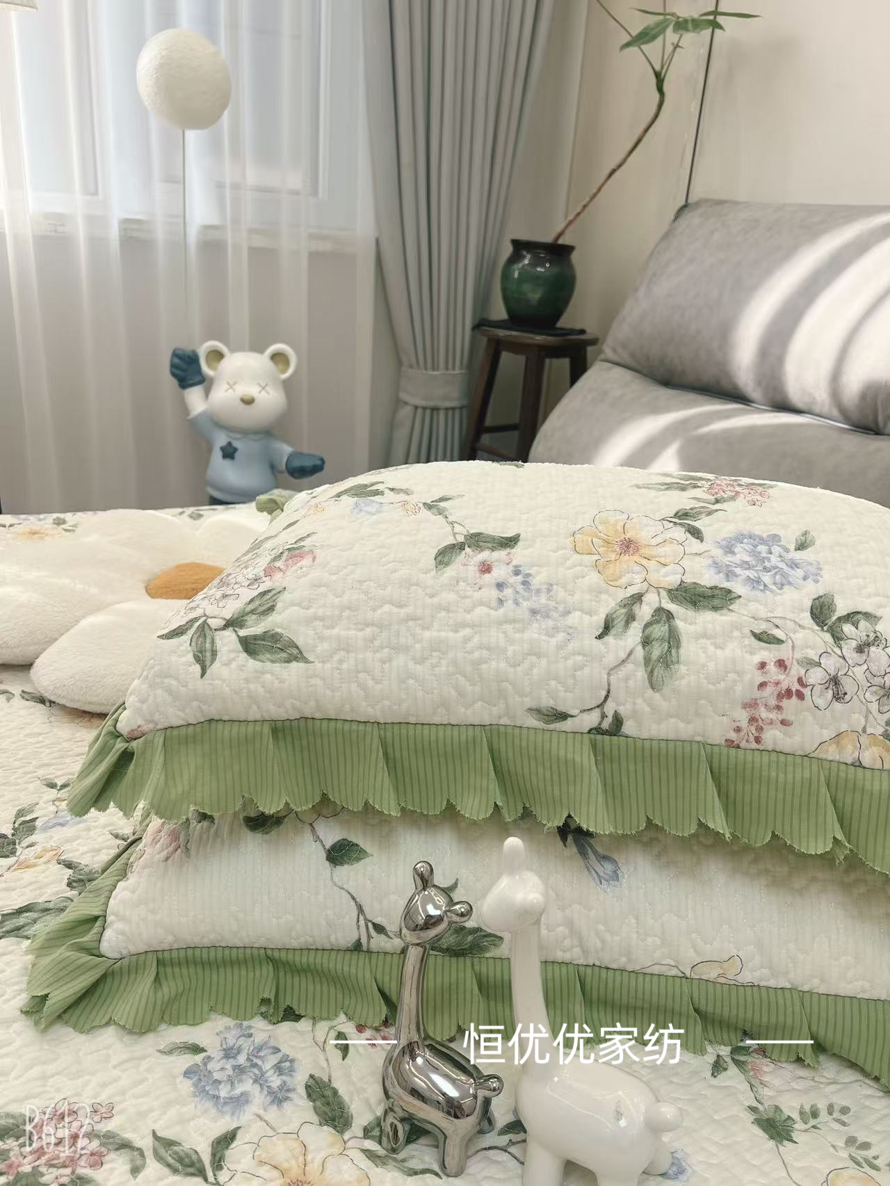 【升级花边枕套】棉绗绣荷叶花边枕套a四季通用